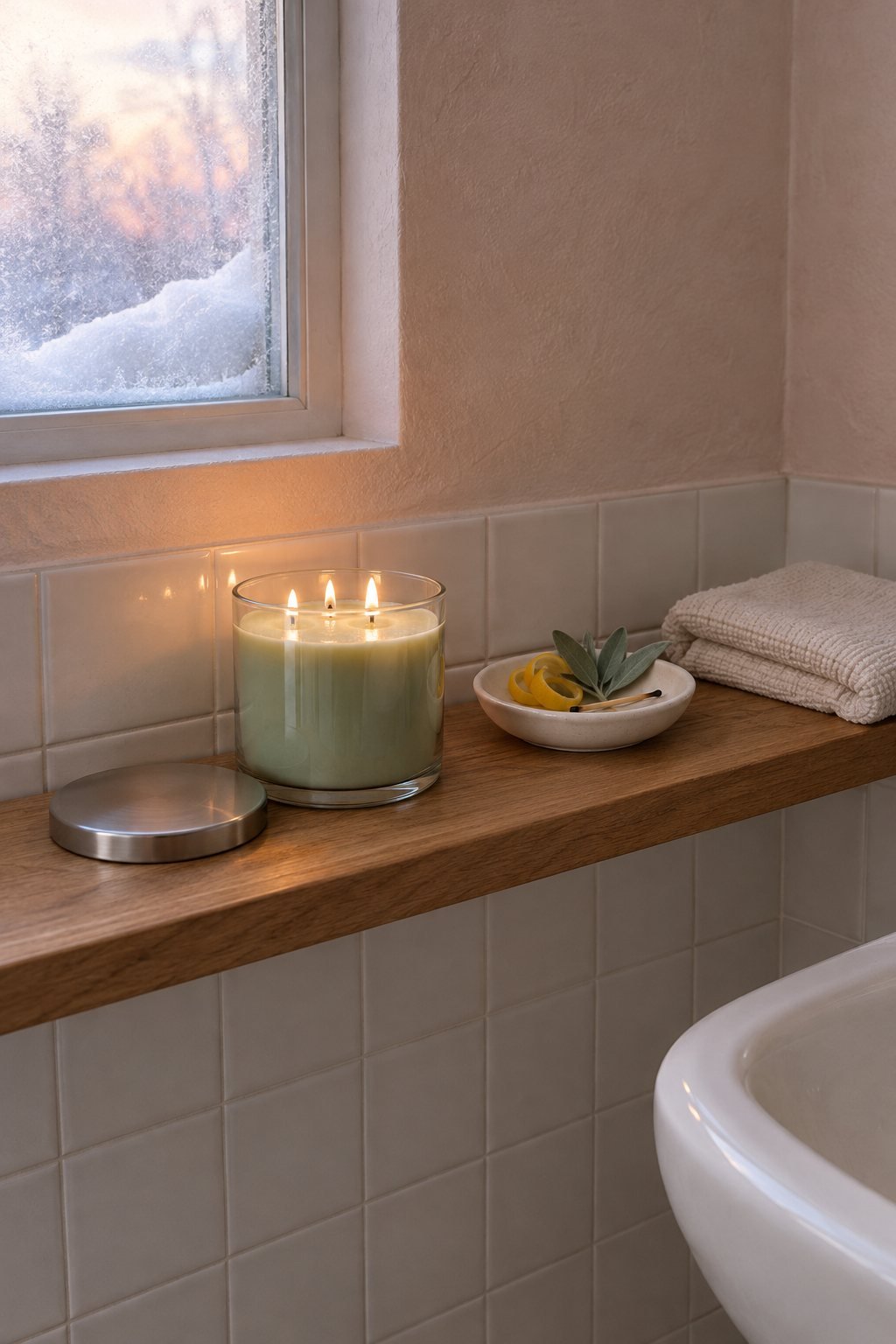 January scent for a small home: a pale green three-wick jar candle with three small flames and its metal lid beside it on a wooden bathroom shelf, a folded cream towel, lemon peel and sage leaves, a frosted window