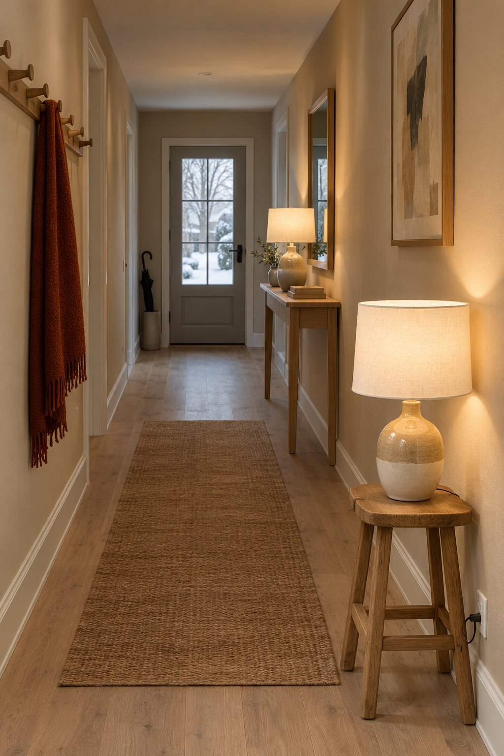Beige and white ceramic table lamp with a white linen shade glowing on an oak stool in a dark hallway corner, putty beige wall, rust wool scarf on a peg