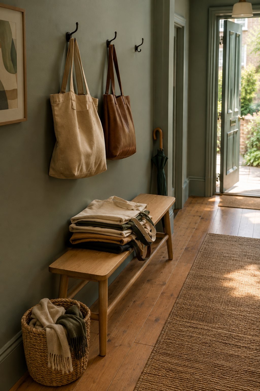 A narrow hallway with wall hooks holding two bags and a stack of spare totes folded on the bench in afternoon side light