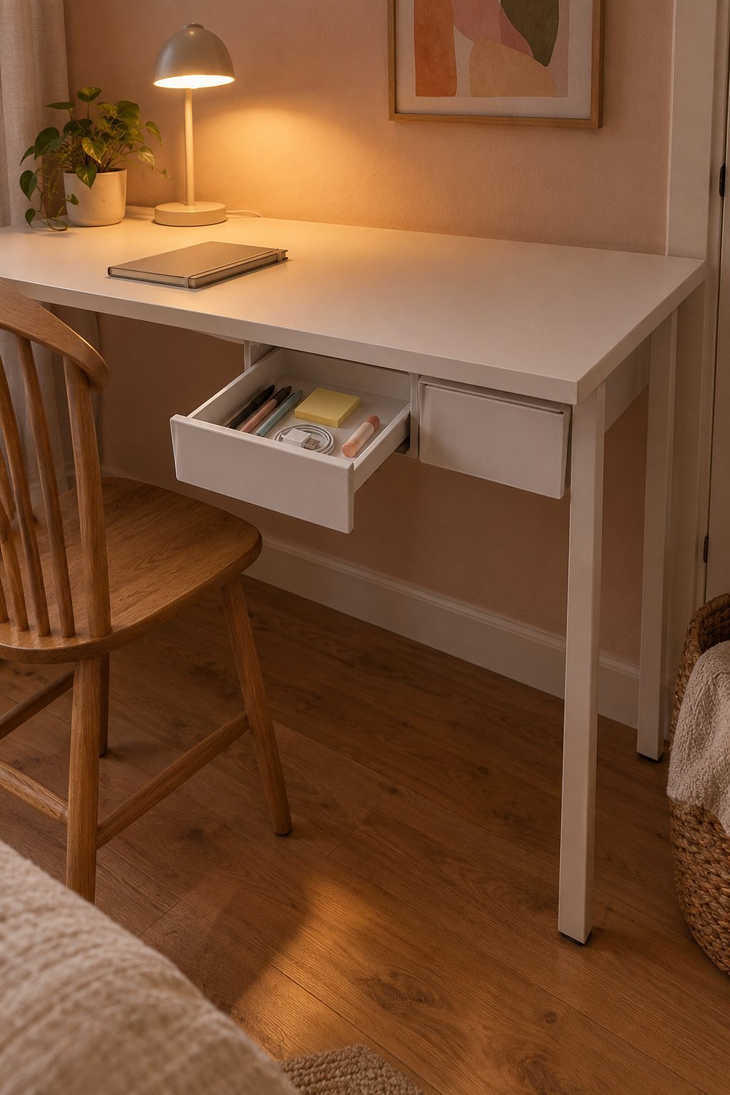 Two white stick-on drawers under the top of a simple white writing desk in a small bedroom, one open with pens inside