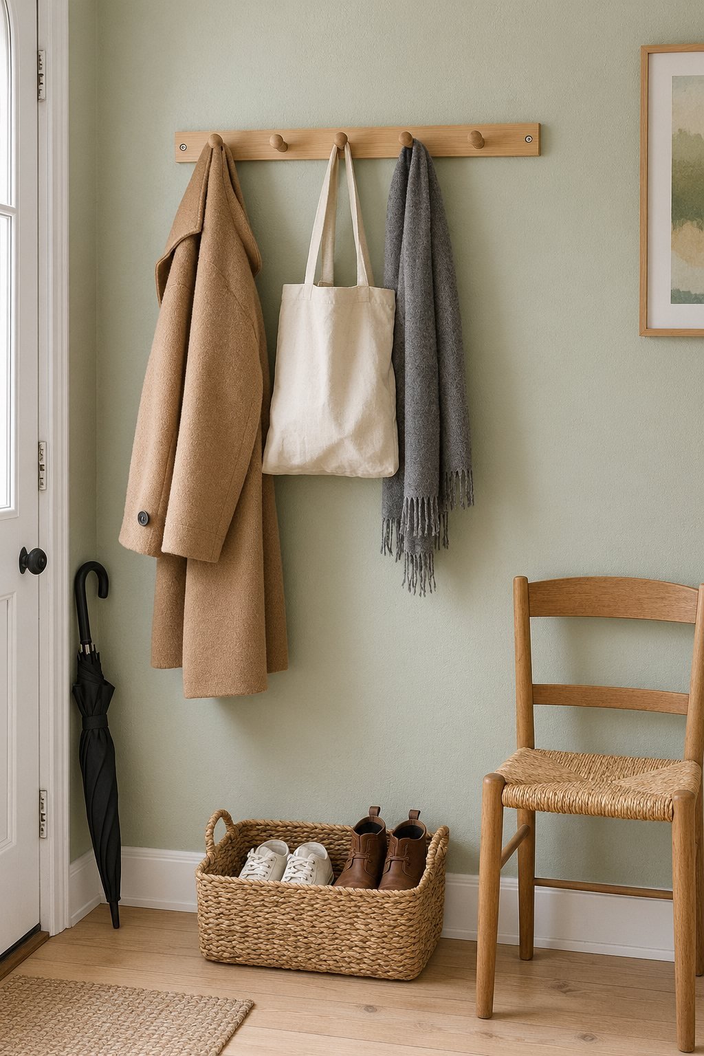 Decluttering ideas for an entryway: a five-peg bamboo peg rail at hand height holding a coat, a canvas bag and a scarf, an open shoe basket below and an empty chair