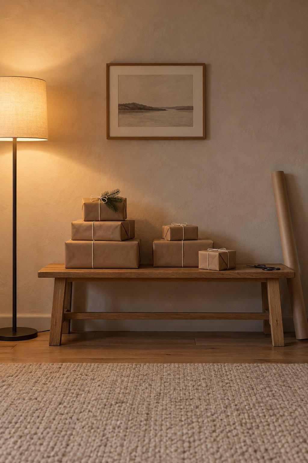 Minimalist Christmas decor with brown kraft paper gifts tied in white string stacked on a low oak bench under a simple landscape drawing
