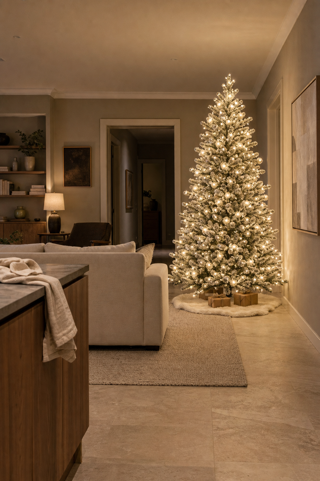 Heavily flocked white Christmas tree with warm white lights only in an open plan living room at dusk, no ornaments, an ivory faux sheepskin at the base and kraft-wrapped gifts