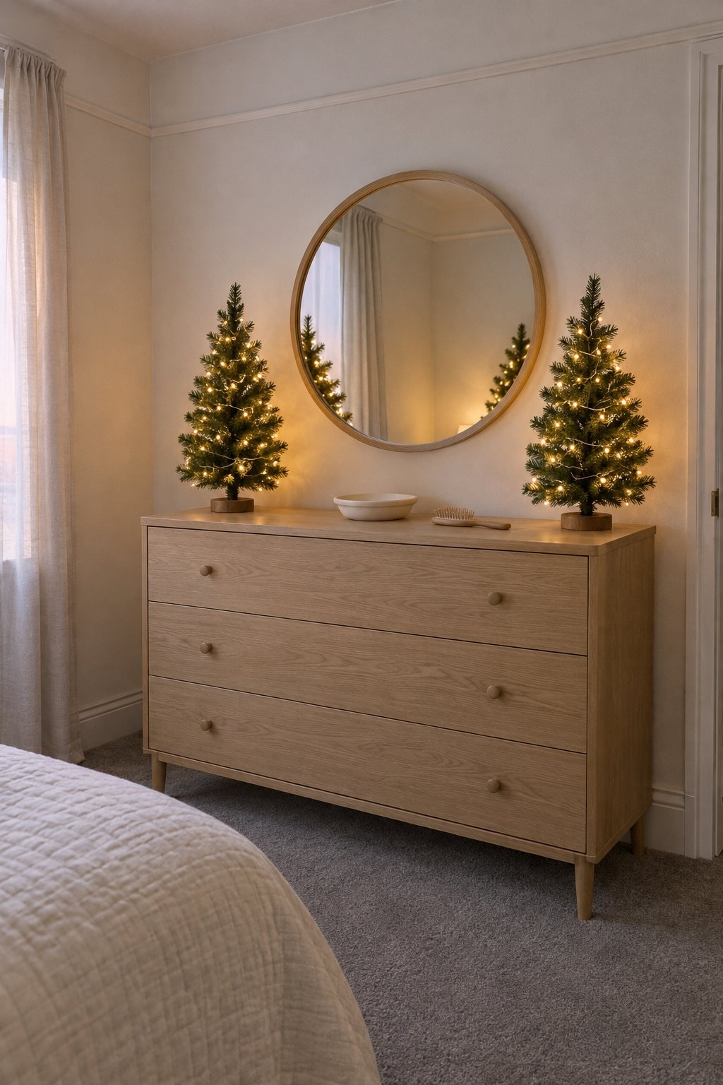 Pair of matching mini Christmas trees with warm white lights at either end of an oak dresser with a round wood-framed mirror between them in a small bedroom