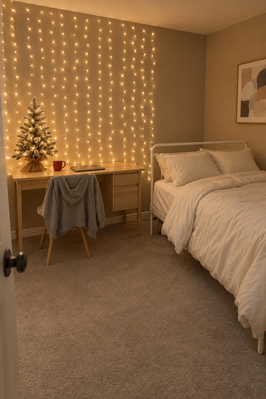 Teen Christmas bedroom with a curtain of warm white fairy lights on the wall behind a desk, a small flocked tabletop tree and a cream flannel duvet cover on the bed