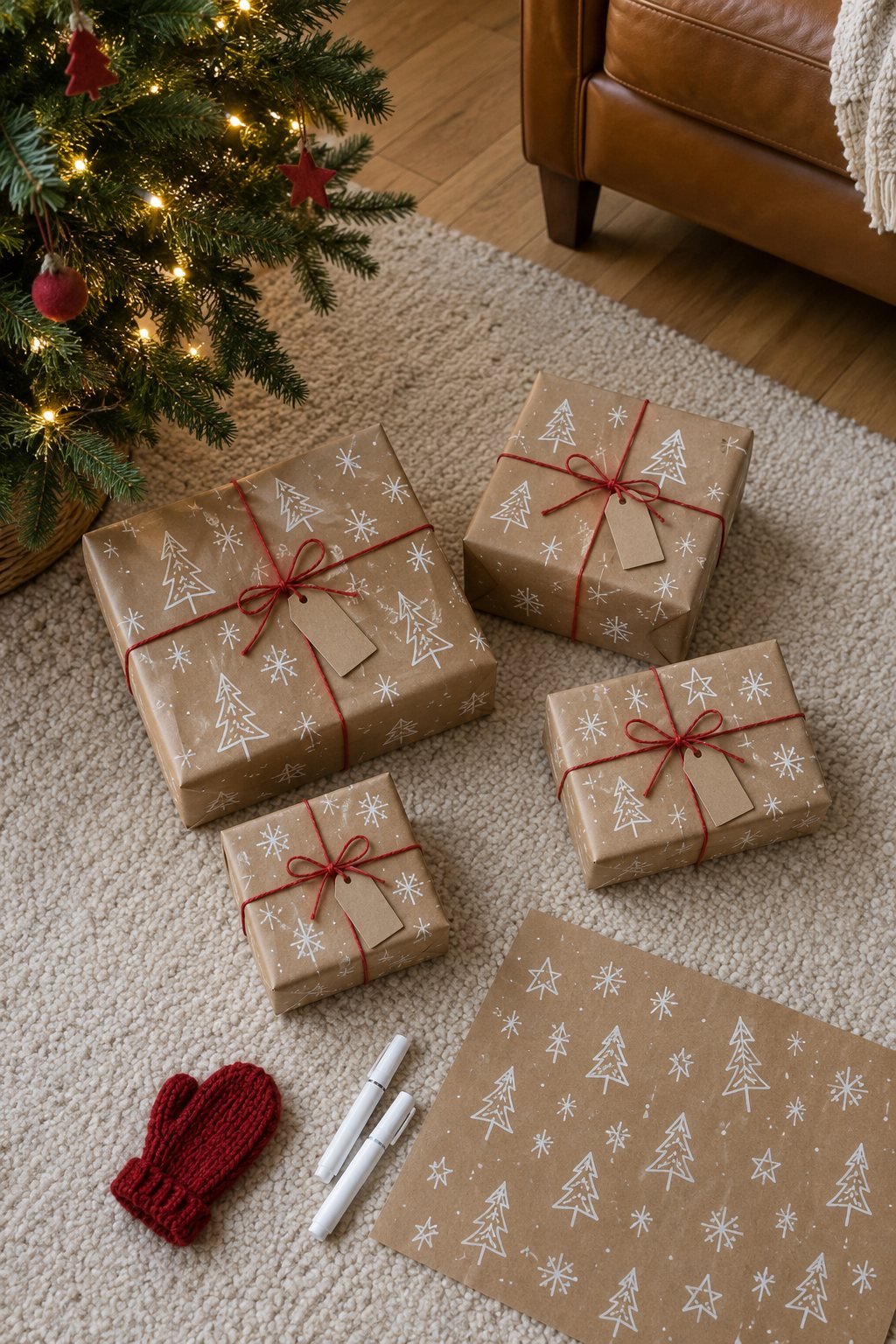 Brown kraft paper Christmas gifts covered in white hand drawn trees, stars and snowflakes and tied with red cotton string, on a living room rug beside the tree