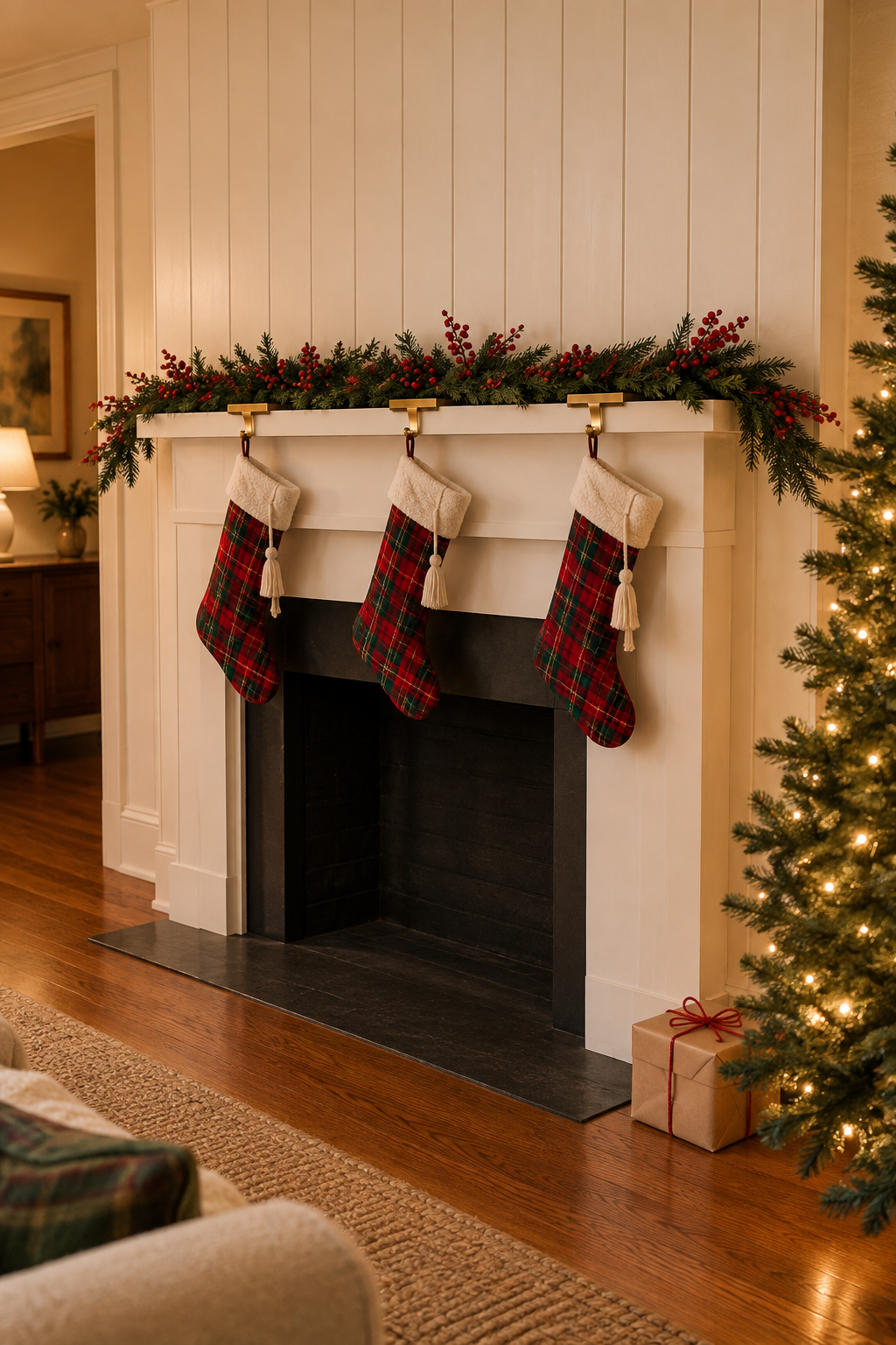 Classic red and green Christmas mantle with a faux cypress garland with red berries along a white mantel and three red and green plaid stockings with ivory sherpa cuffs