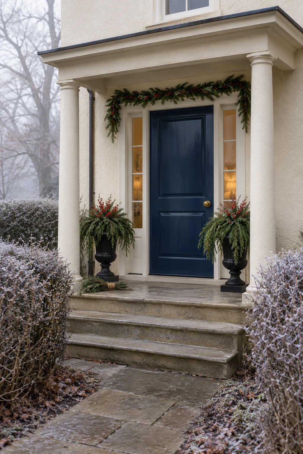 Christmas porch decor at a navy front door with sidelights: two black urns of drooping pine and red berry stems, a cypress and red berry garland across the door head under a covered portico