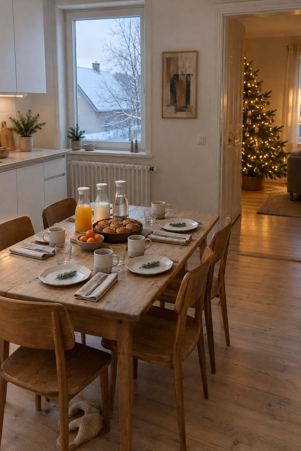 Christmas morning breakfast table decor with off-white stoneware mugs and small plates, three glass carafes, cinnamon rolls, clementines and cedar sprigs on a kitchen table for four