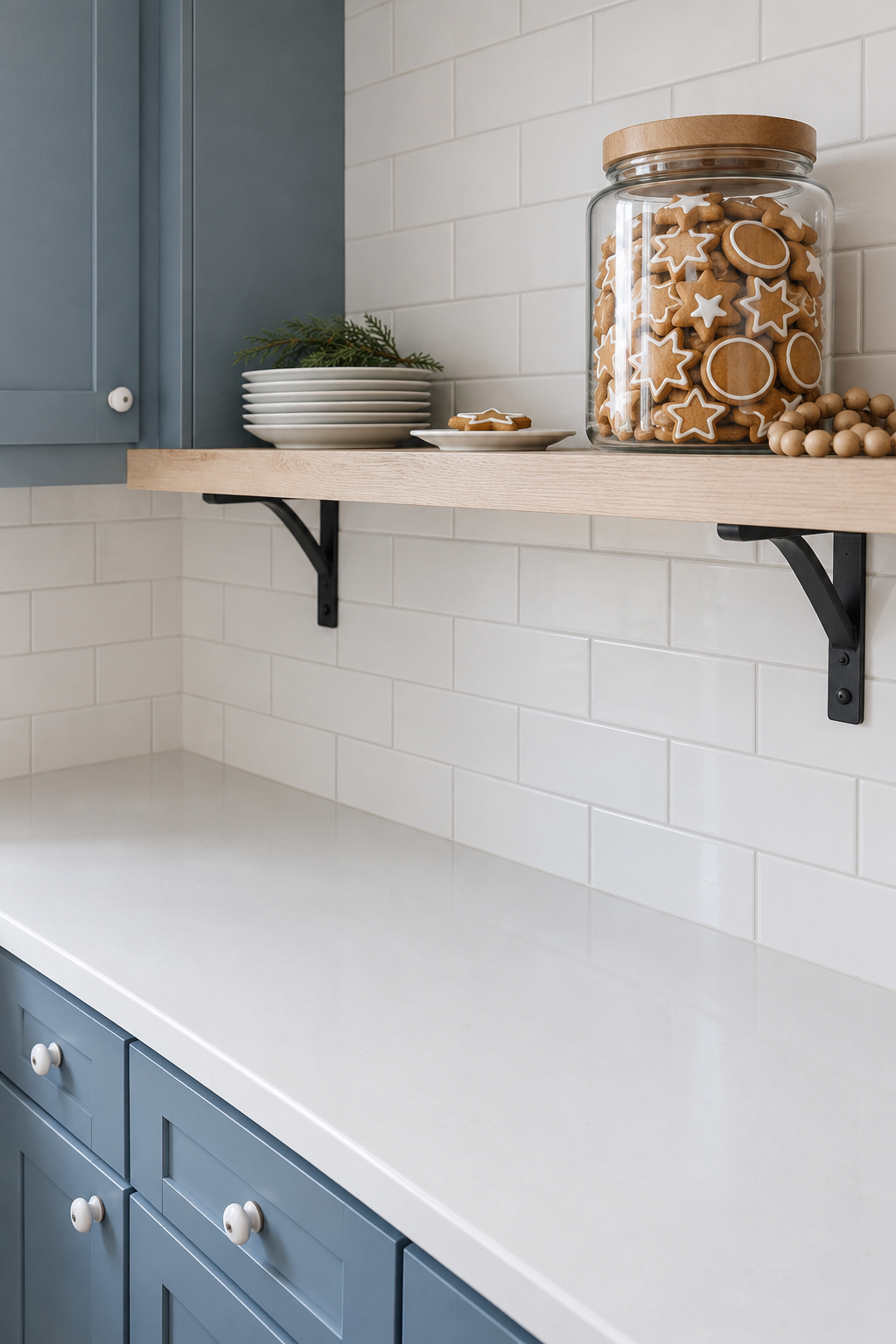 Christmas kitchen open shelf with a large clear glass jar of gingerbread cookies with a wood lid and a strand of wooden beads, dusty blue cabinets and white subway tile