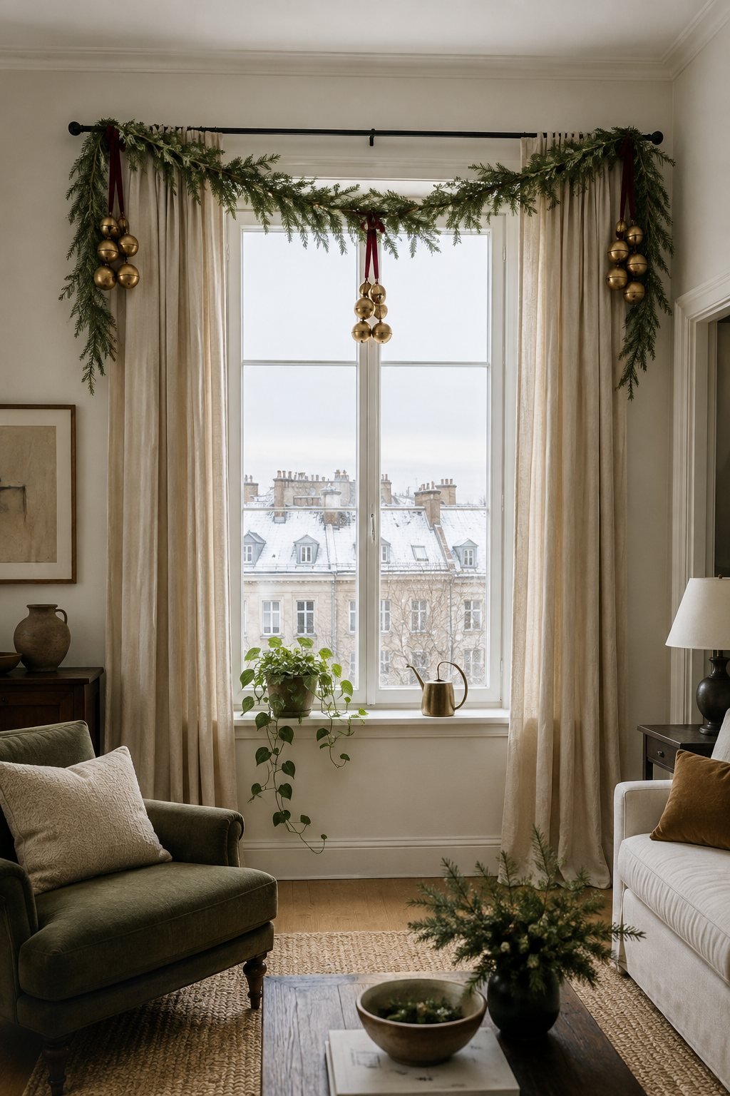 Christmas living room window: a faux cedar garland swagged over the curtain rod with clusters of antiqued gold bells on burgundy velvet ribbon