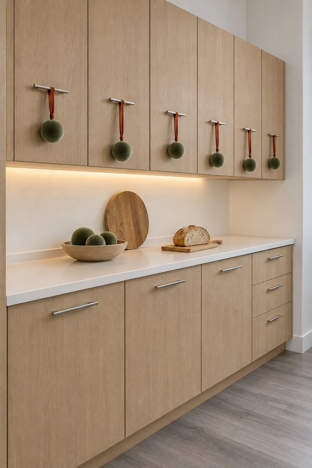 Rental kitchen at Christmas with sage green velvet ball ornaments hanging on rust ribbons from the upper cabinet handles, one per door, and a few more in a bowl on the counter