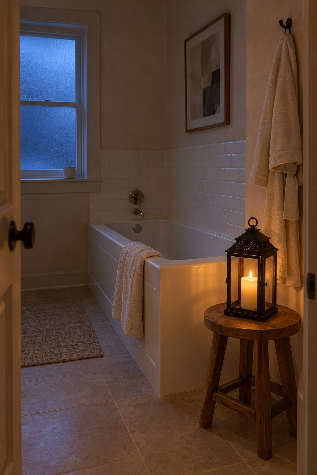 Black metal lantern with glass panes and a flameless candle glowing on a wood stool beside a bathtub in the evening, white tile, folded cream towel