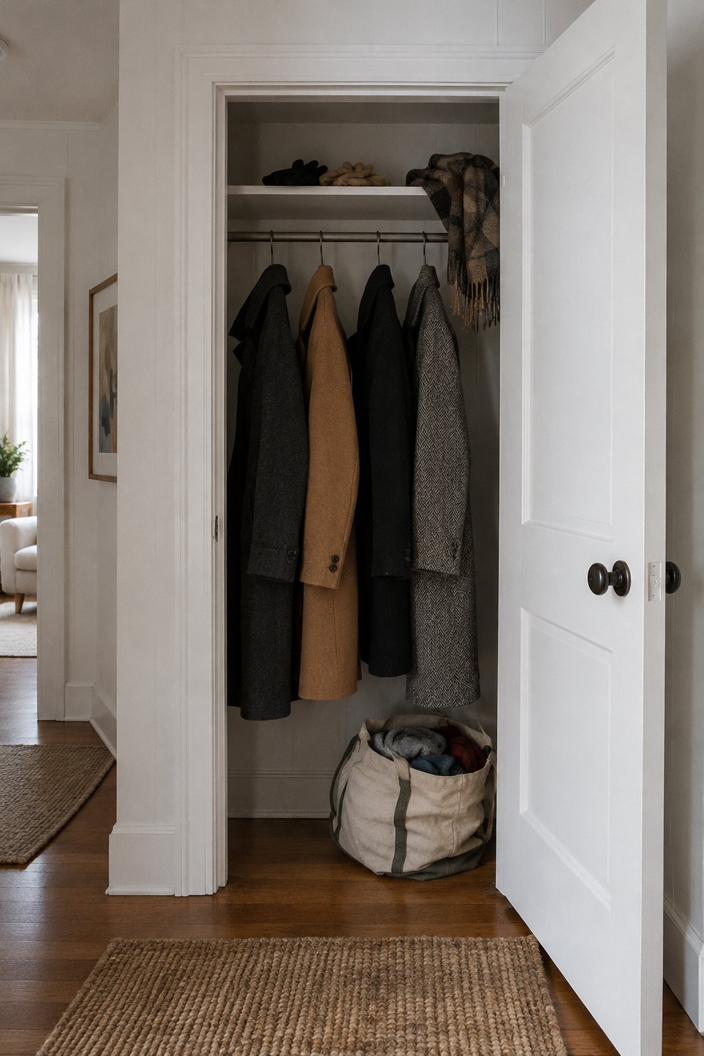 An open hall closet with a few coats on hangers and a bag set aside for donation in soft overcast light