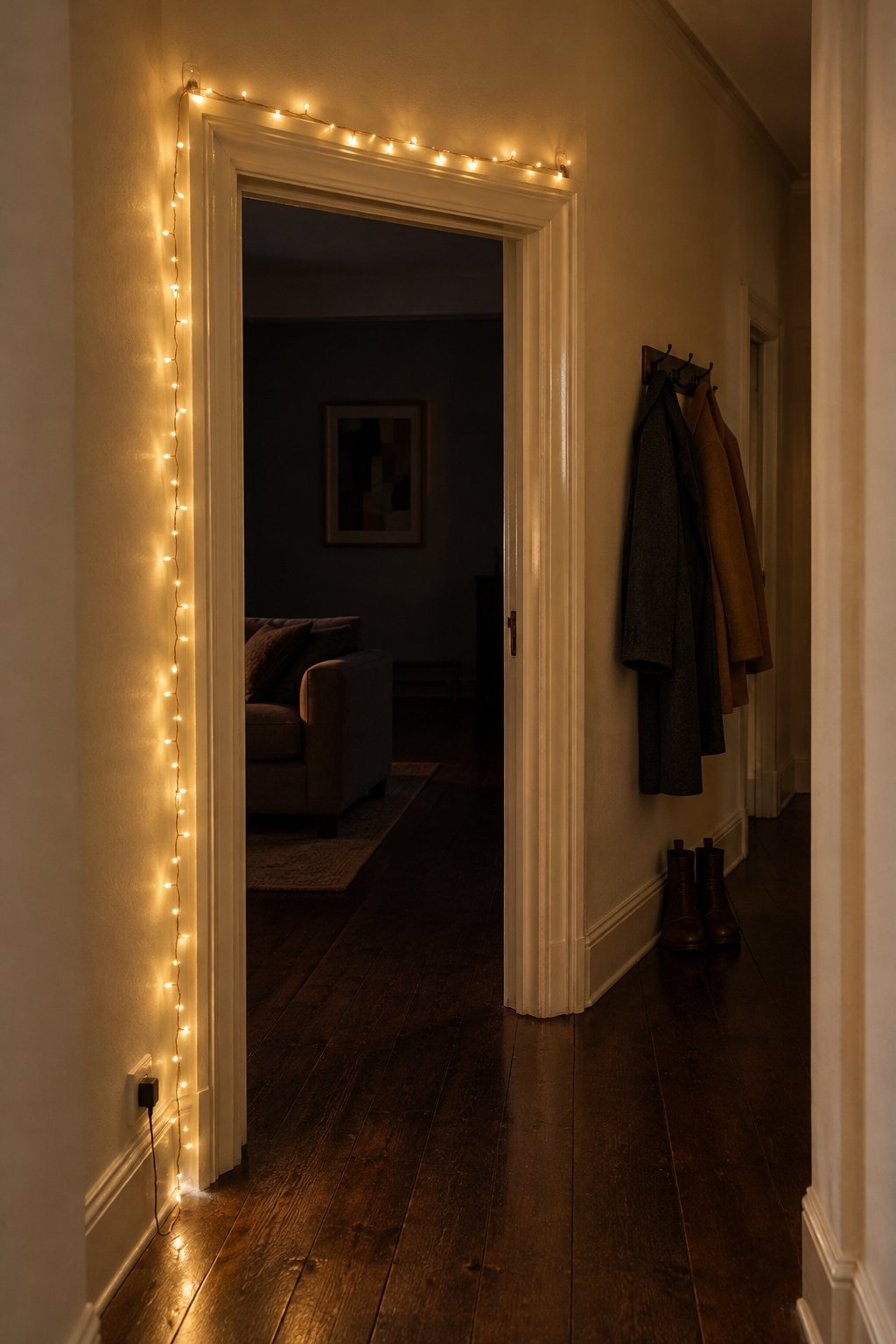 Simple Christmas decor in a hallway with one string of warm white fairy lights draped around a cream painted door frame above dark floorboards