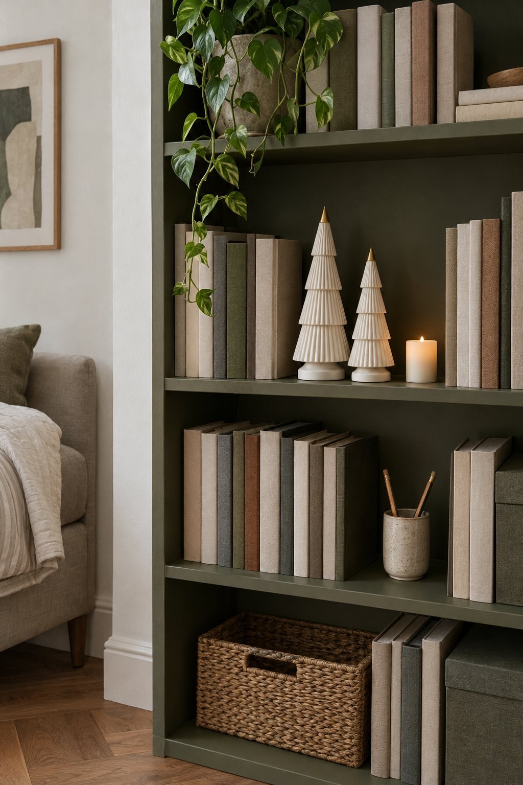 Two white and gold wooden tabletop Christmas trees on a bookshelf between books with a small candle and a trailing plant in a studio apartment