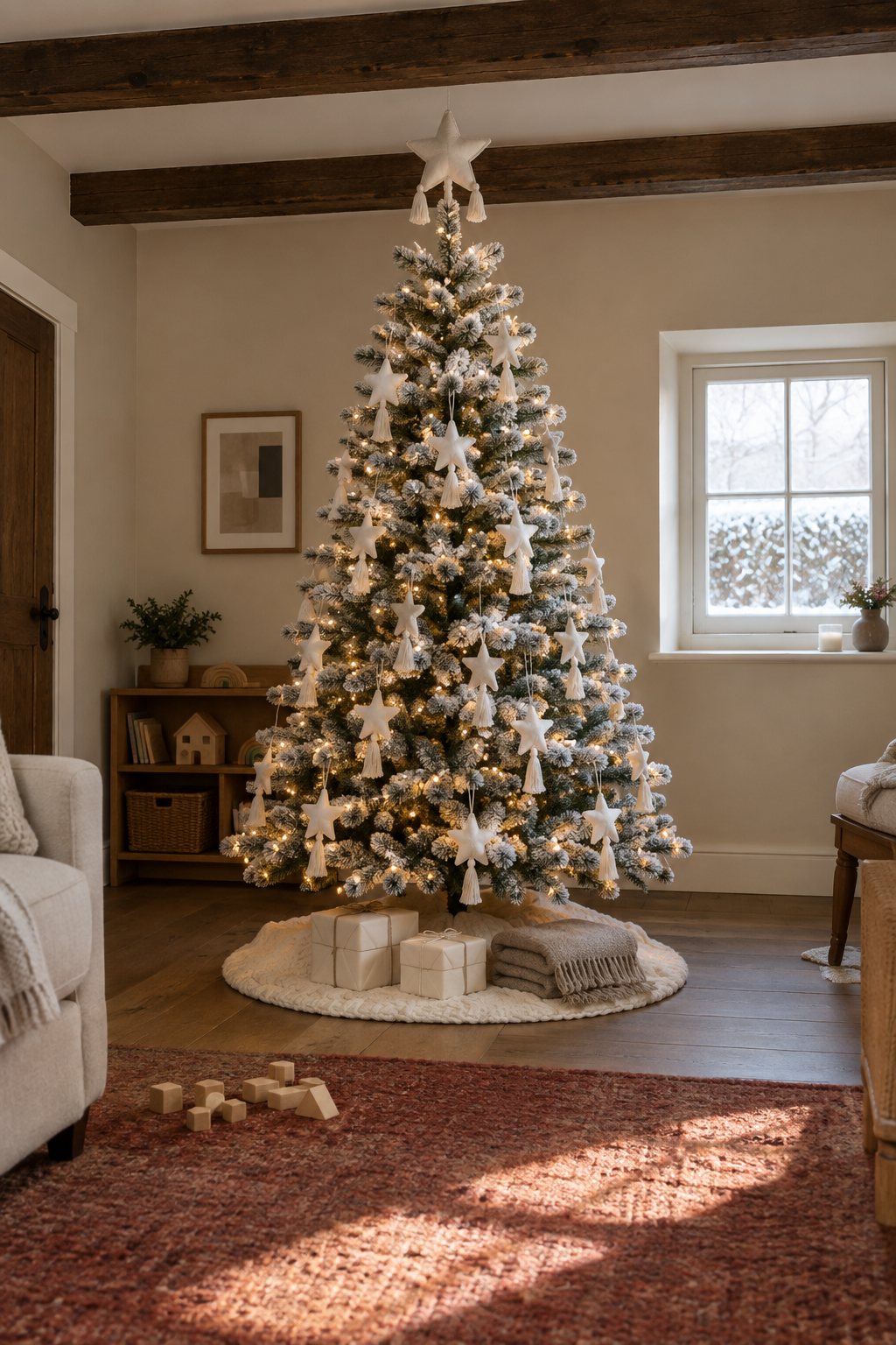 Flocked white Christmas tree in a family room with soft white cotton canvas star ornaments, a white fabric star topper, warm white lights and a cream cable knit tree skirt
