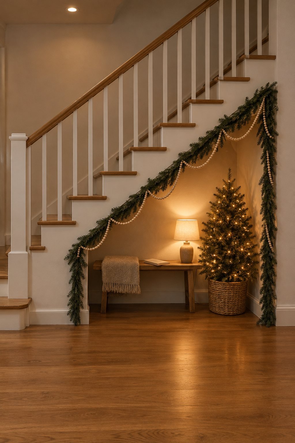 Christmas staircase decor under the stairs: a nook framed with pine garland and a fine wood bead garland, lit from inside with warm lights, a small lit tree and a folded wool blanket