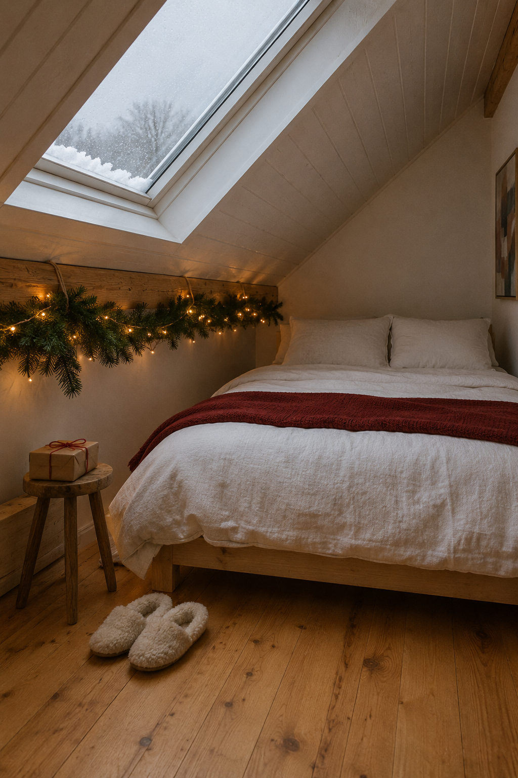 Attic Christmas bedroom with a pre-lit Norfolk pine garland along a wood beam and a garnet red rib knit throw on a low platform bed under a skylight