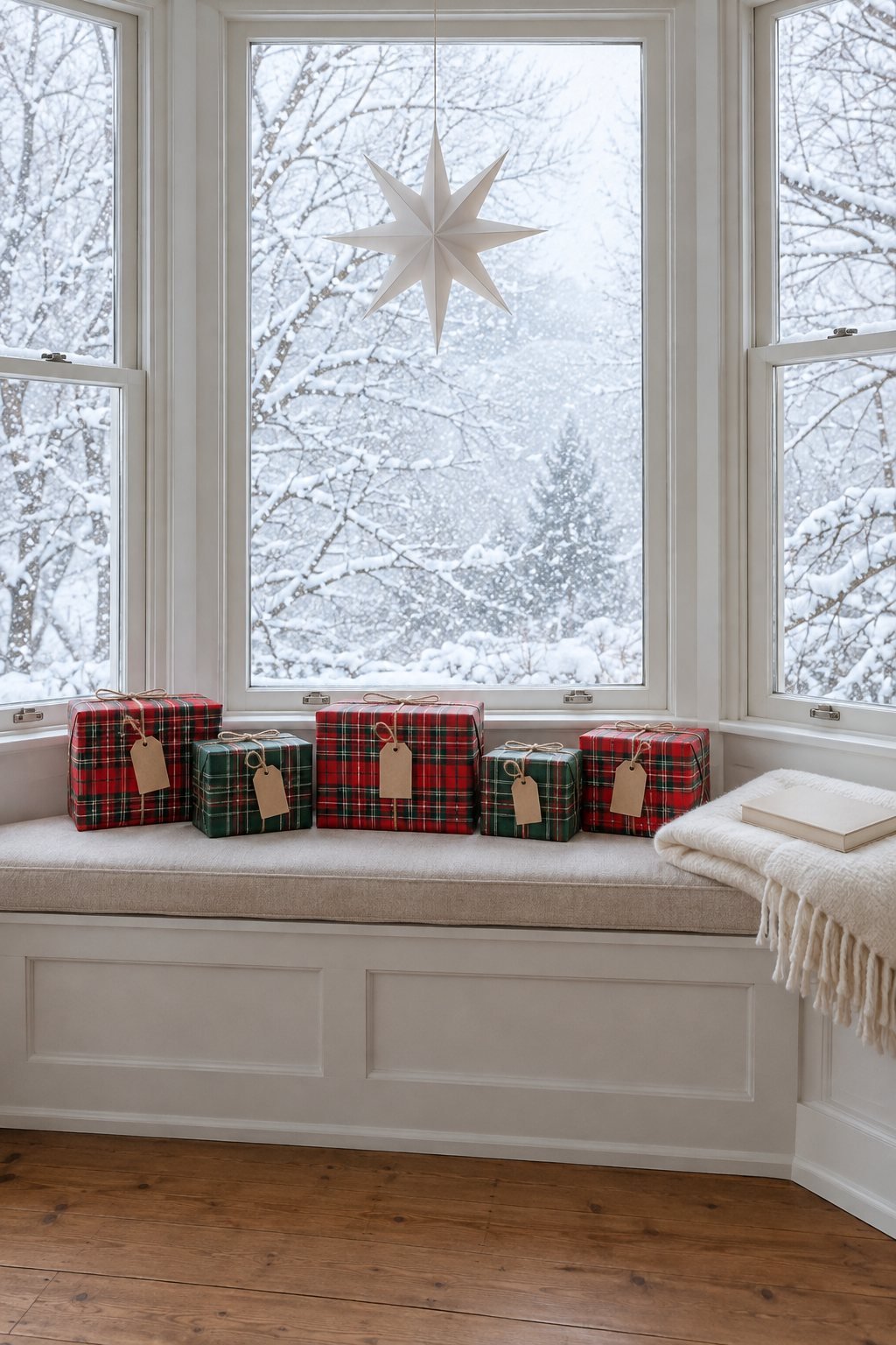 Christmas gifts wrapped in red tartan and green tartan paper with blank kraft tags on jute twine, along a window seat with snow outside