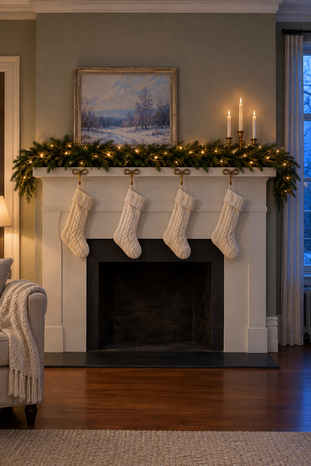 Full layered Christmas mantle decor: a lit cedar garland, four ivory stockings on brass bow holders, three low gold candlesticks with tapers and a framed winter landscape leaning on a white mantel