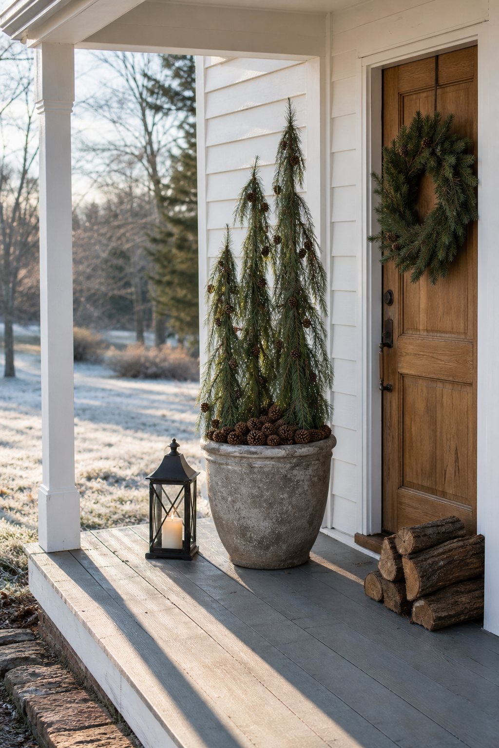 Winter porch planter filled with tall faux weeping pine stems and natural pinecones beside a front door with a Christmas wreath