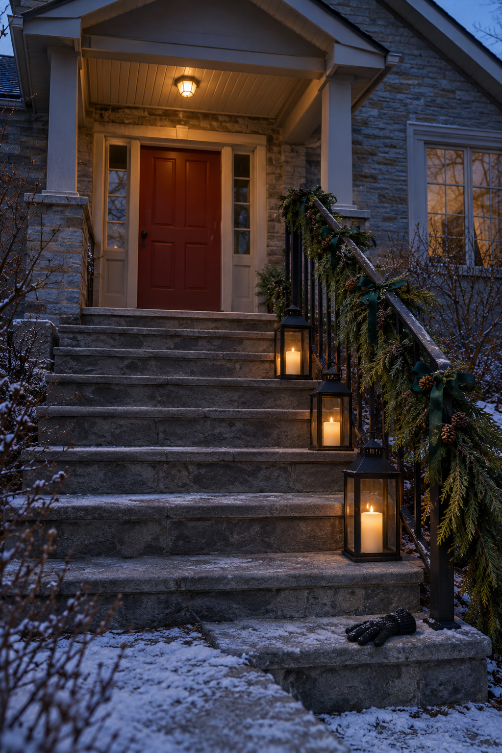 Christmas porch steps decor: three black metal lanterns in three heights with flameless candles staggered up covered front steps, a cedar and pinecone garland tied along the handrail at dusk