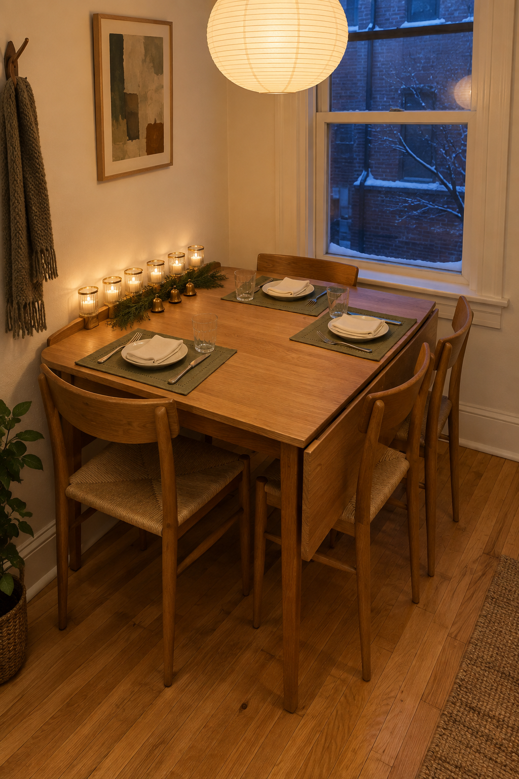 Small apartment Christmas table decor with moss green linen placemats, white stacking dinnerware, gold rimmed ribbed glass votives, a short cedar garland and brass bells on a drop-leaf table for four