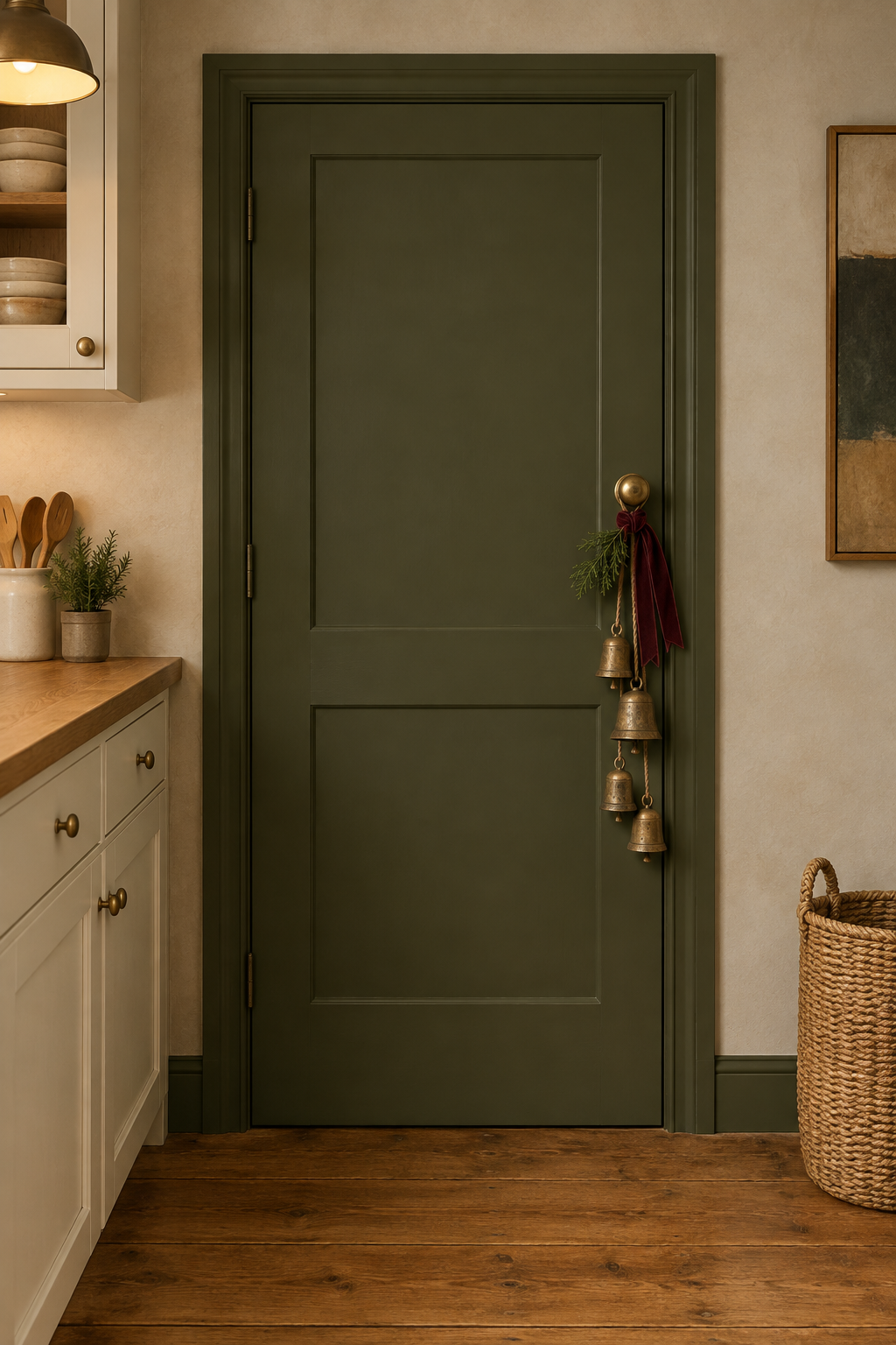Christmas kitchen pantry door painted dark olive with a cluster of four antique gold metal bells on jute rope, a cedar sprig and a burgundy velvet ribbon on the brass knob