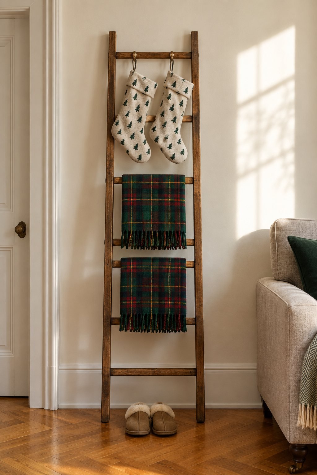 Christmas blanket ladder against a living room wall: two velvet tree stockings hanging from the top rung and a green tartan plaid throw folded over the middle