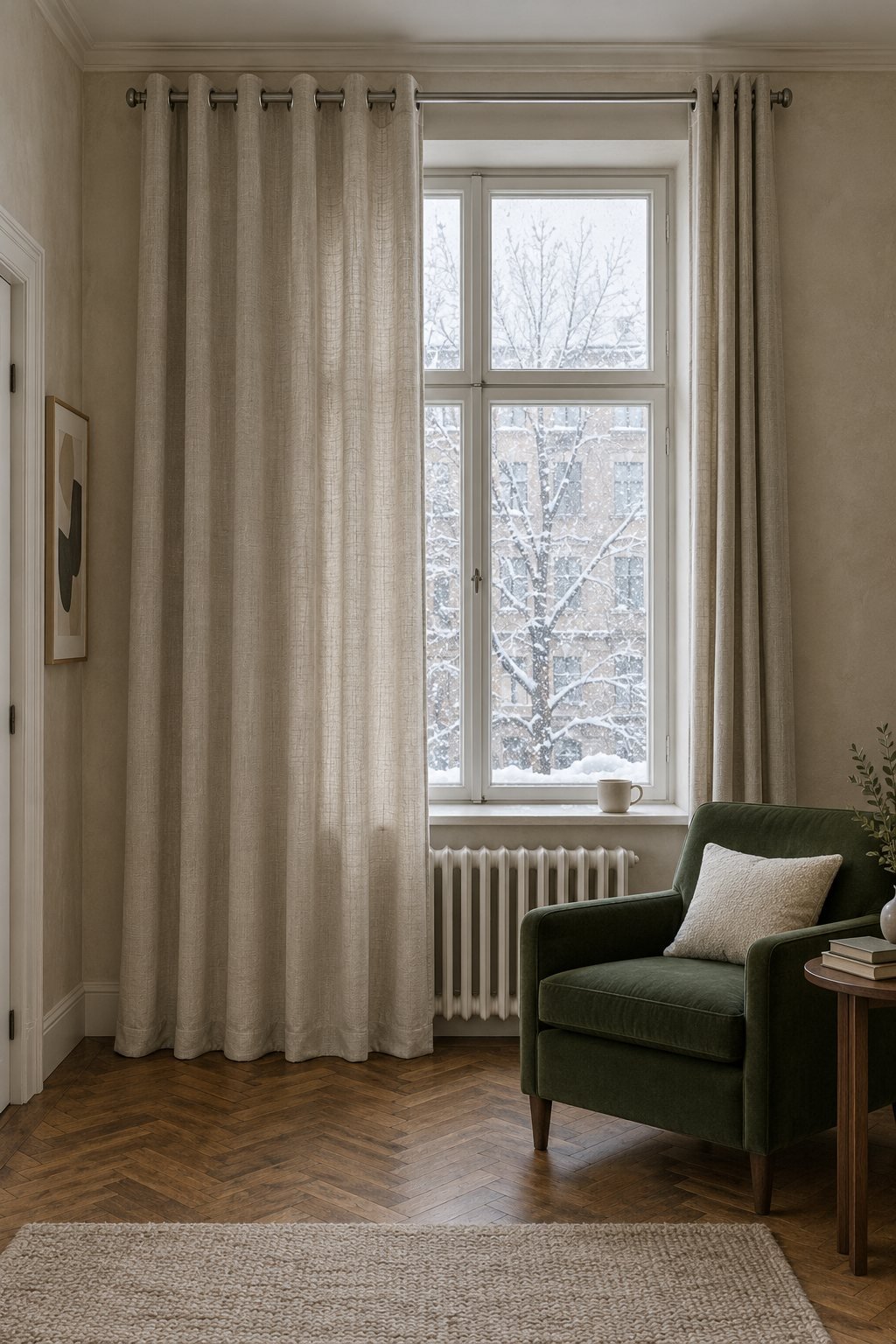 Oatmeal linen-blend curtains on silver grommets at a tall living room window with snow falling outside, white radiator and a deep green armchair