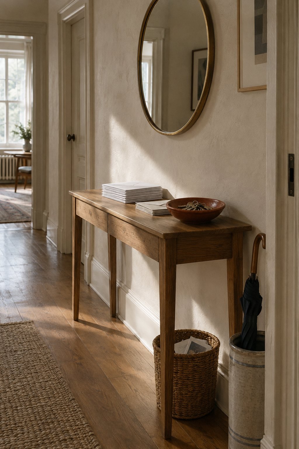 A console table near the door with a tidy pile of unread mail and a recycling bin beside it in window light