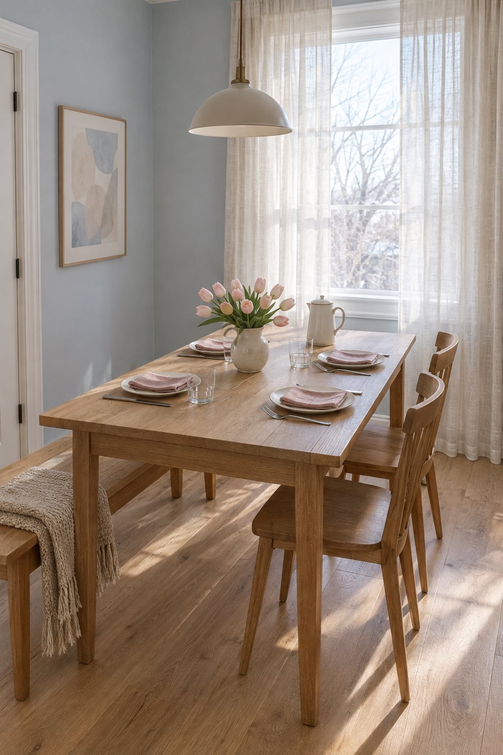 Valentines tablescape for a brunch for four with a low bunch of light pink faux tulips in a cream stoneware jug on a light wood table in morning light