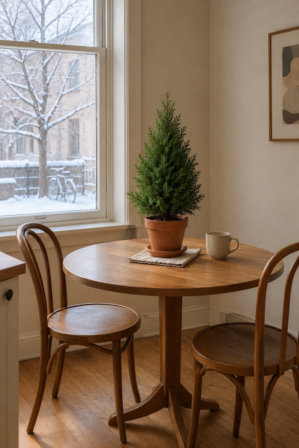 Minimalist Christmas tree alternative with a small faux cedar in a terracotta pot on a round wooden kitchen table by a winter window