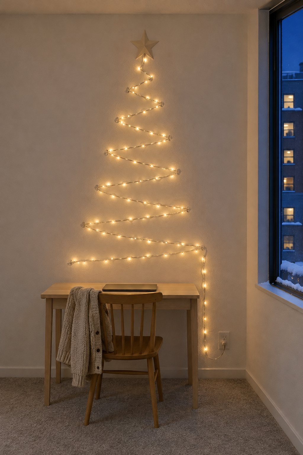 String light wall Christmas tree in a small apartment: warm white lights zigzagged up a white wall in a tree shape above a wooden desk with a paper star on top
