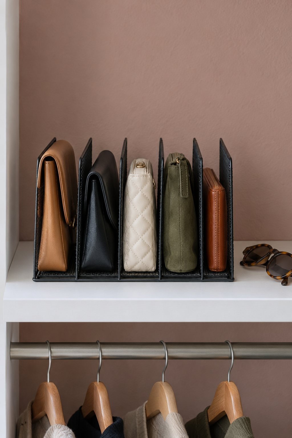Clutch bags and small purses standing upright in a black mesh file sorter on a white closet shelf