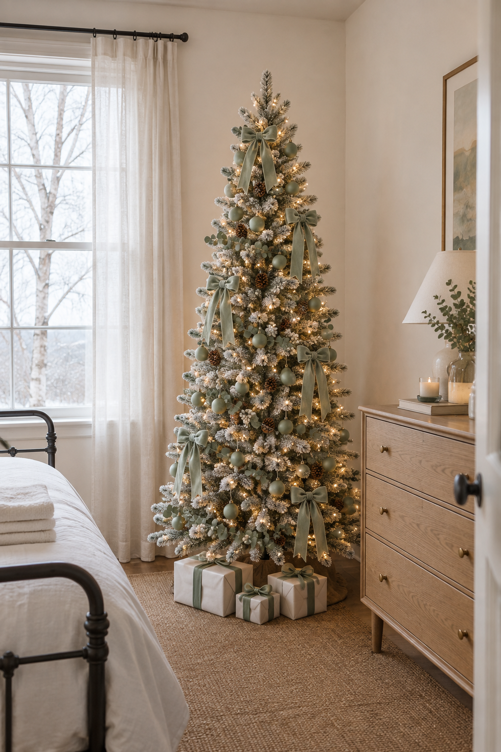 White and sage Christmas tree in a guest bedroom: lightly flocked slim tree with pale green baubles, a frosted eucalyptus garland with white berries and pinecones and sage velvet bows