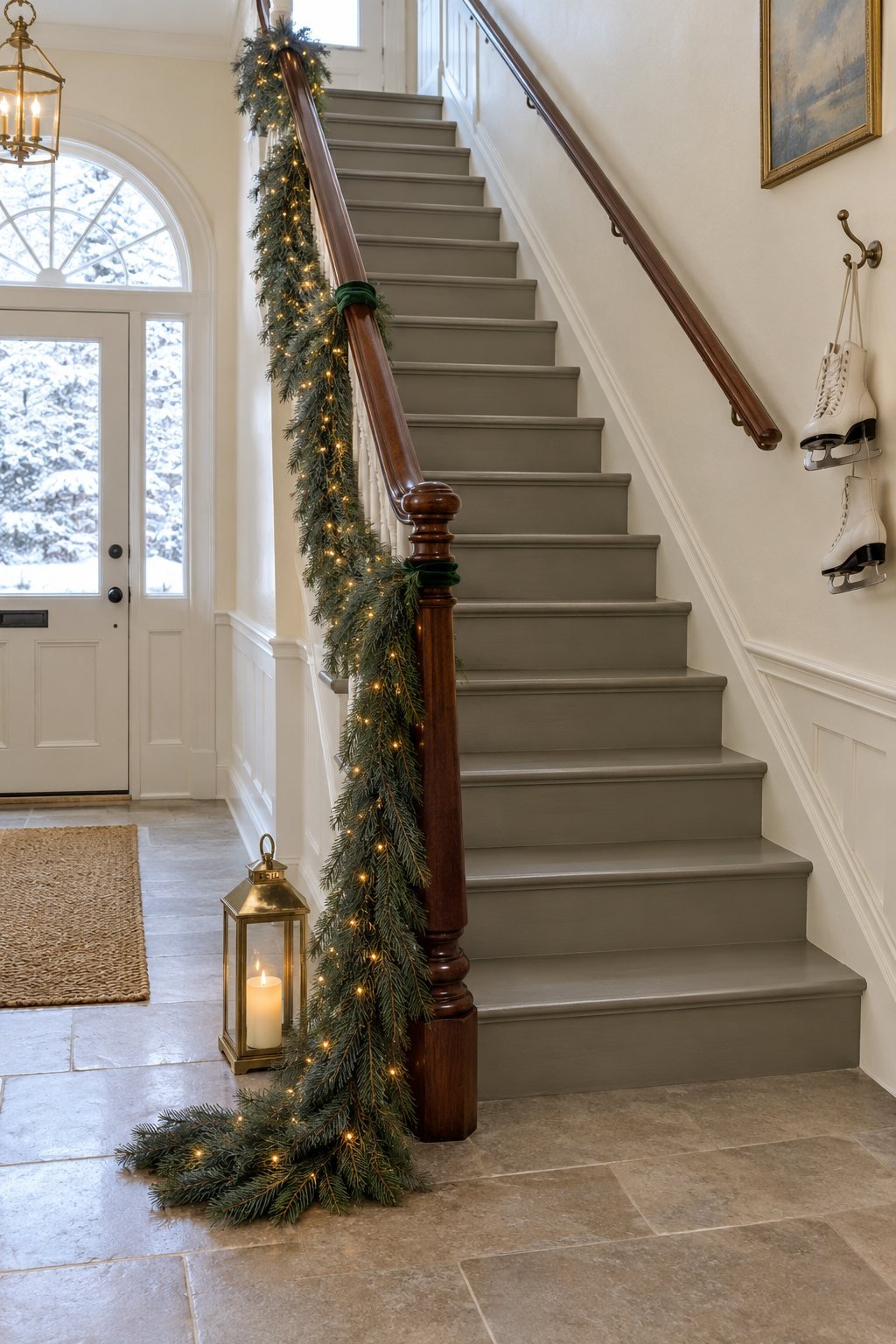 Christmas garland staircase with one long lit pine garland draped off one side of a wide entry hall banister, held by green ties, its tail falling down the newel to the hall floor beside a lantern