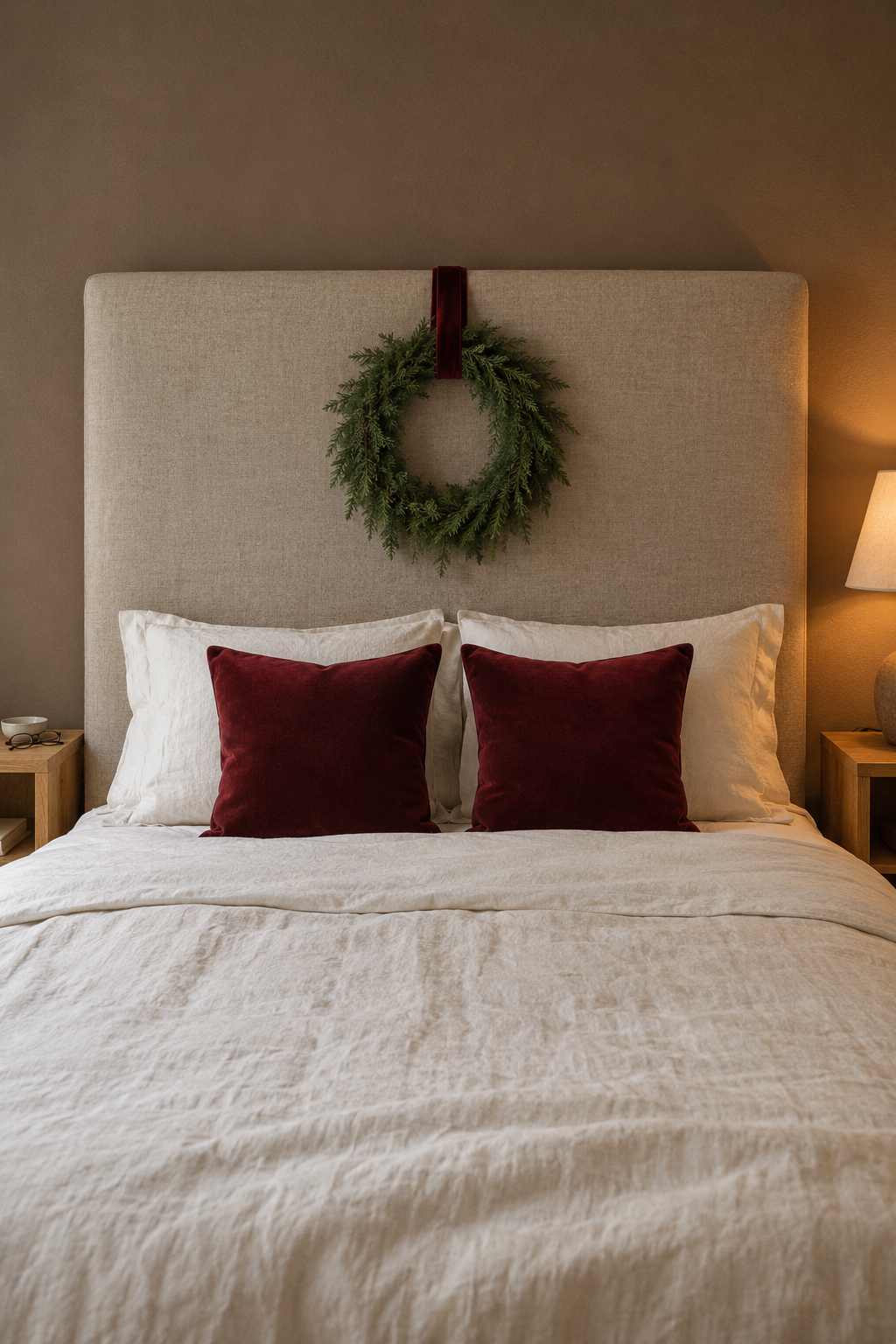 Christmas bedroom with two burgundy velvet pillows and a Norfolk pine wreath hung on a ribbon against an upholstered flax linen headboard