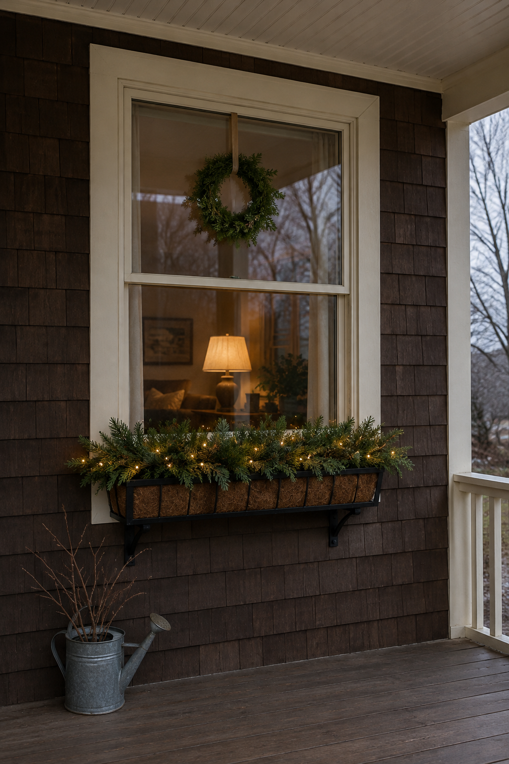 Christmas porch window box decor: a black metal window box filled with faux pine and warm micro lights under a bungalow porch window, a small plain cedar wreath hanging inside the glass