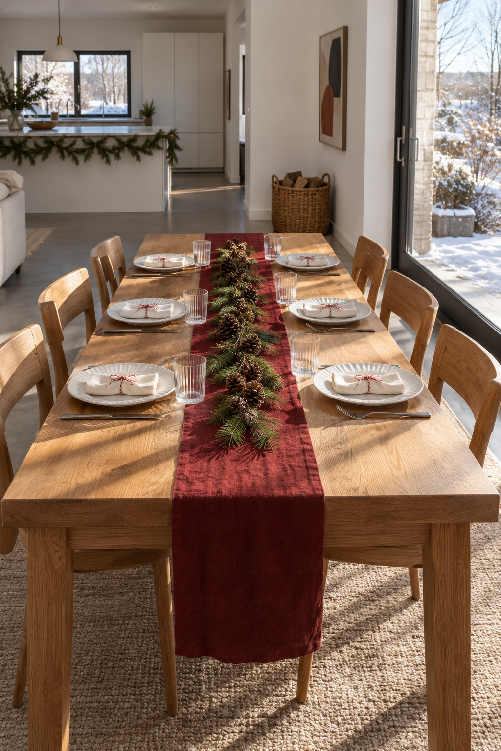 Christmas dining table decor with a garnet red linen runner on a bare oak table, white fluted plates, ribbed glass tumblers, pine sprigs, pinecones and napkins tied with red and white twine