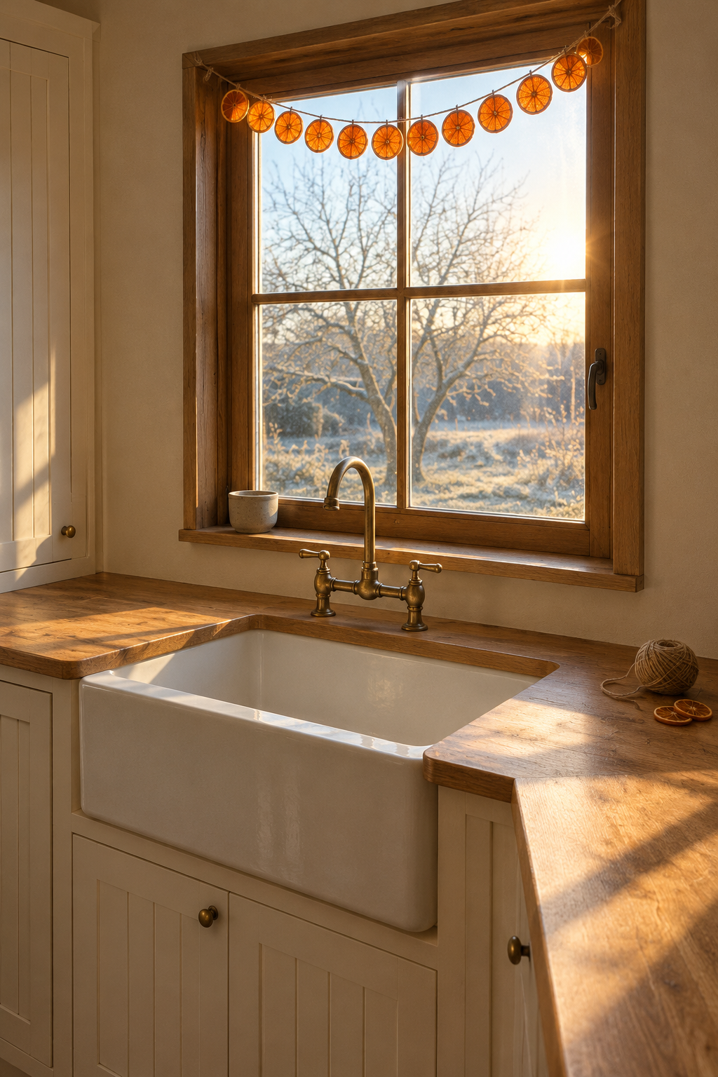 Christmas kitchen window with a garland of dried orange slices on jute twine across the upper frame above a farmhouse sink, warm white cabinets and wood counters