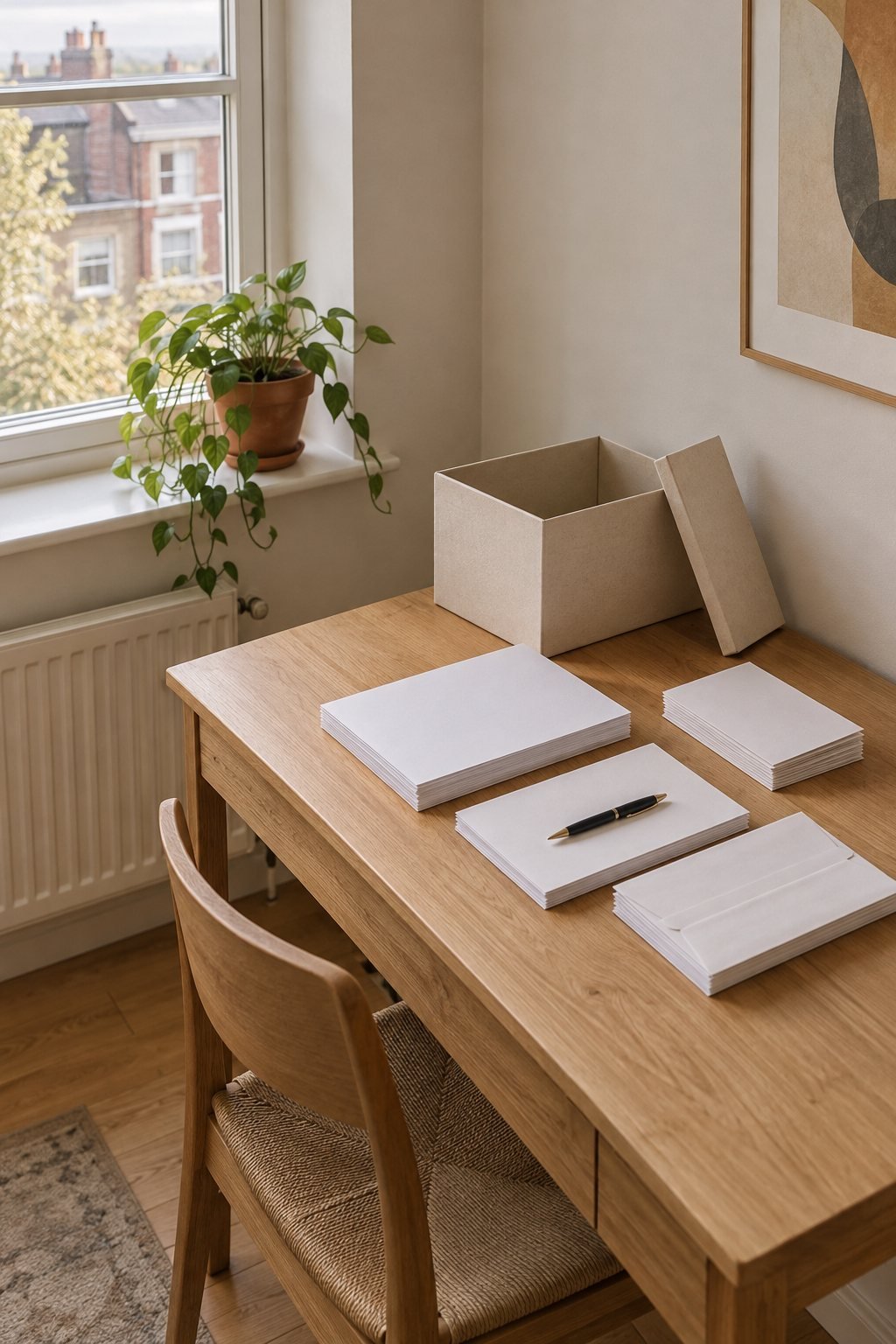 A corner desk in a living room with a light fiberboard document box and sorted piles of paperwork with no readable text in soft daylight