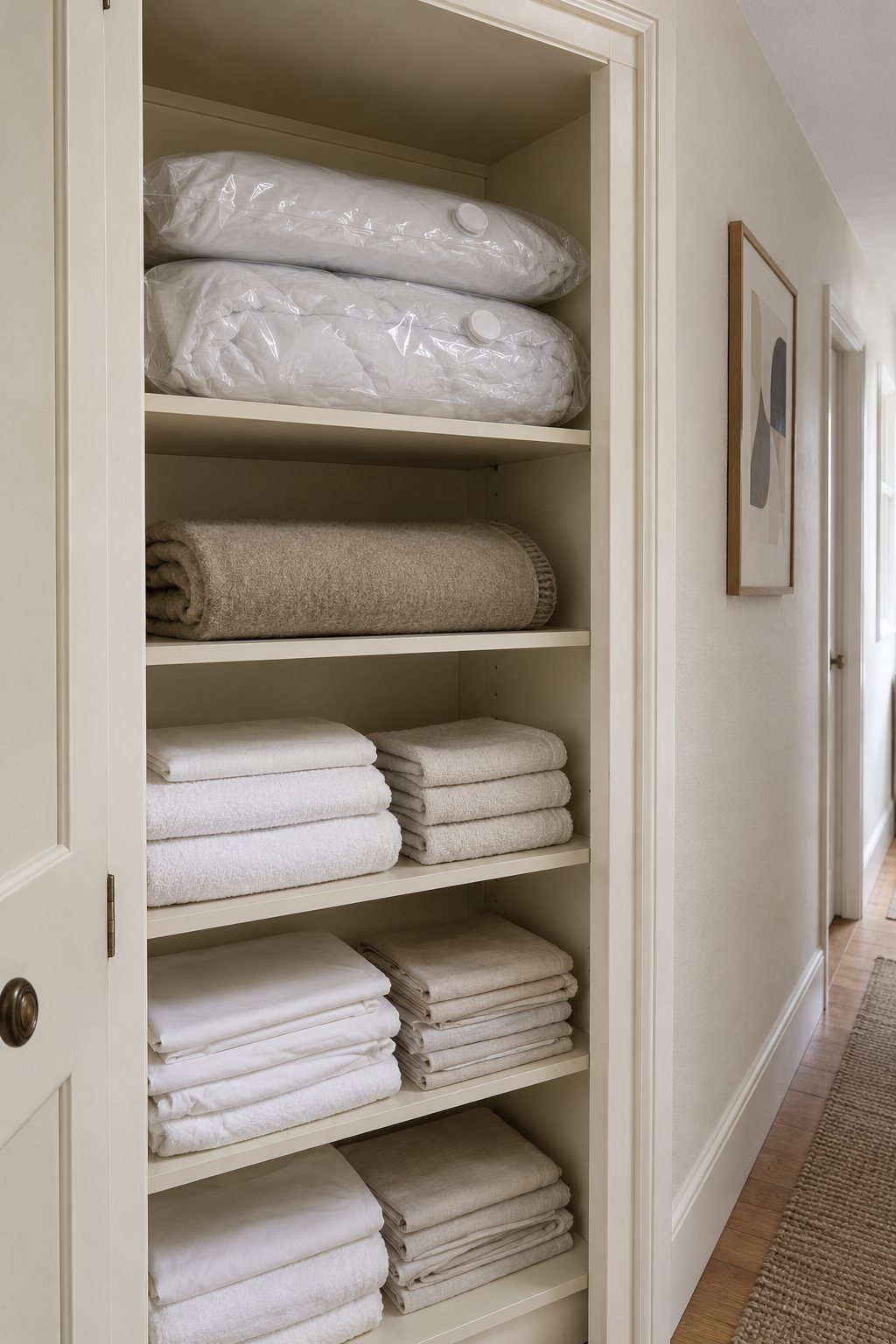 Flat vacuum-packed bags of white bedding stacked on the top shelf of a narrow cream hallway linen cupboard