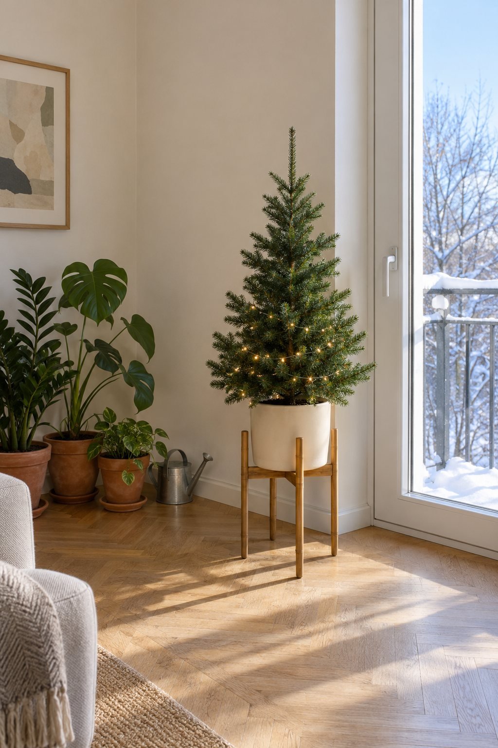 Small potted Christmas tree in a cream pot raised on a bamboo plant stand beside a balcony door in a small living room with houseplants