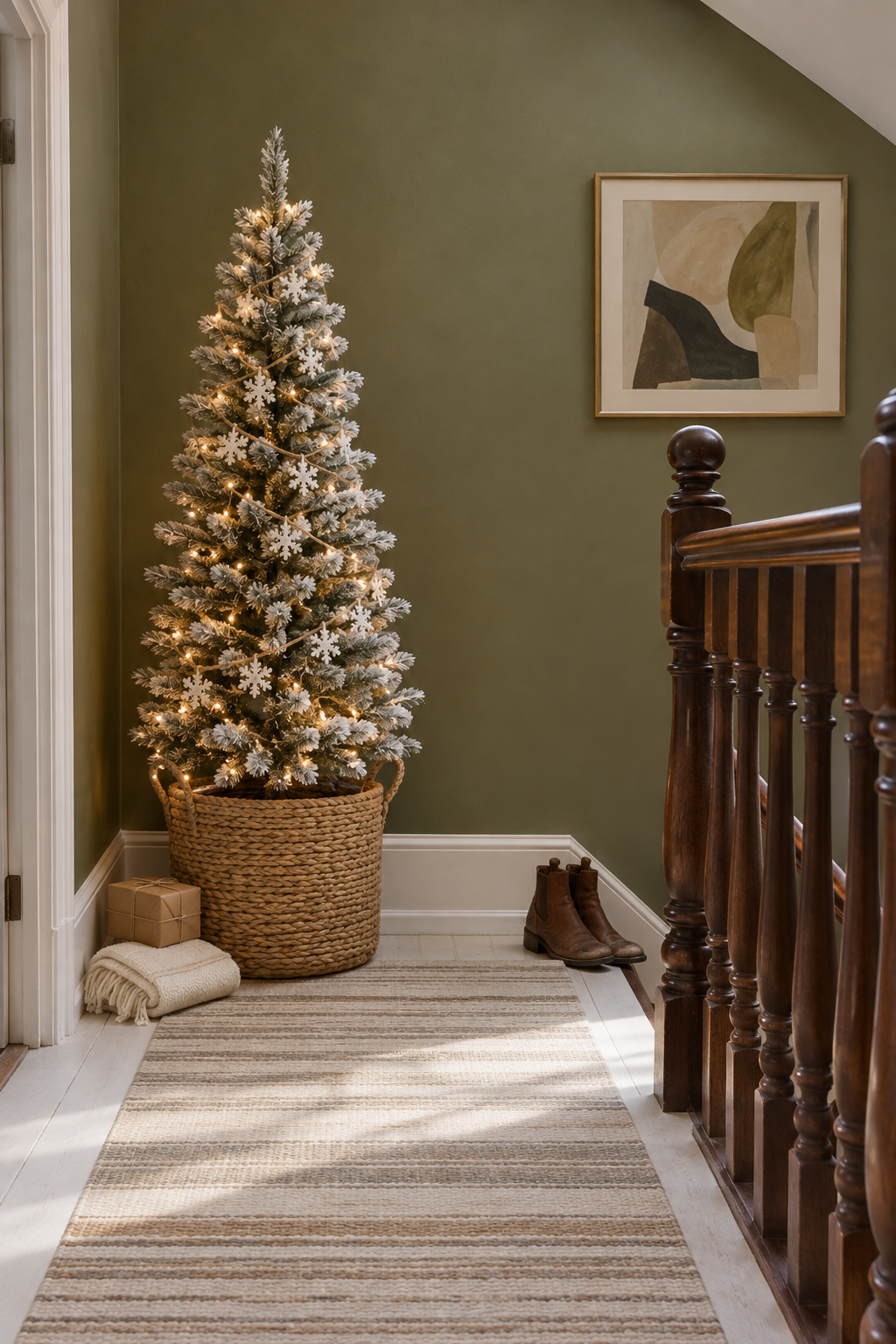 Small Christmas tree in a basket on a hallway landing: 4.5 foot flocked pre-lit pencil tree in a seagrass tote with a white wooden snowflake garland and warm white lights