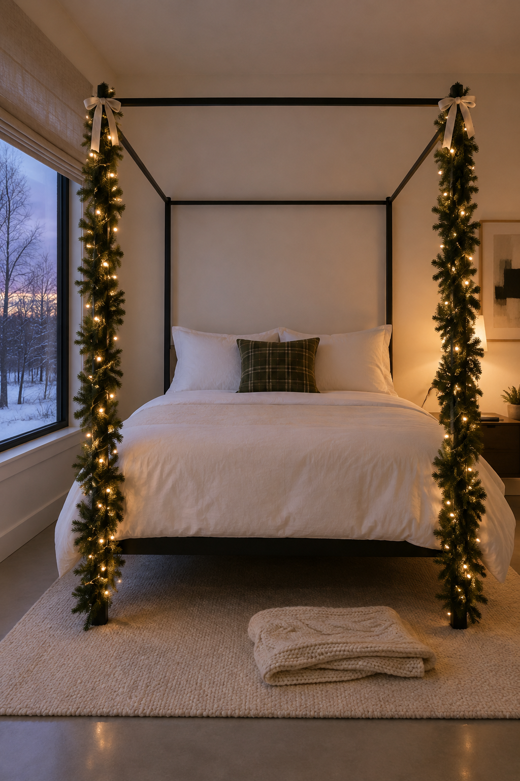 Christmas bedroom with a black metal canopy bed, Norfolk pine garland and warm white fairy lights wound around two posts, white bedding and an olive plaid pillow