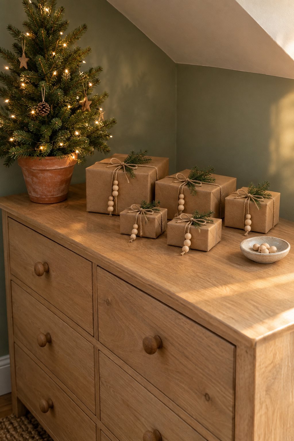 Small brown paper Christmas parcels tied with jute twine, the ends threaded with pale wood beads and an evergreen sprig under the knot, on a bedroom dresser