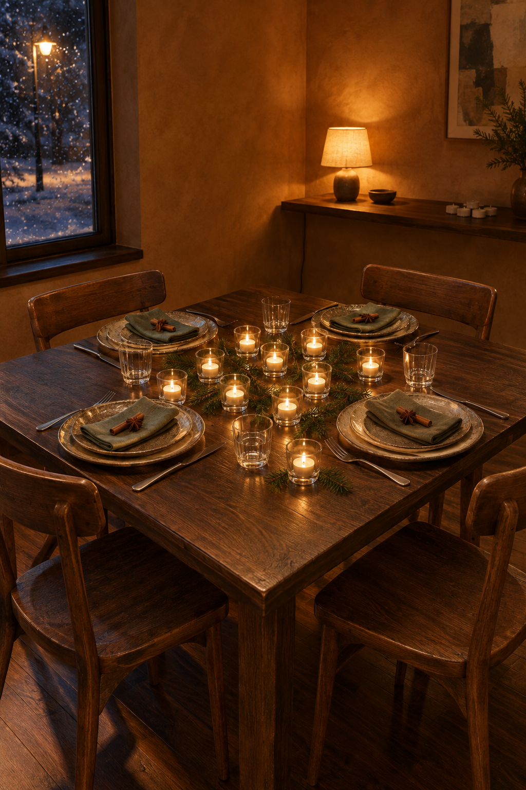 Candlelit Christmas table decor with stone reactive glaze stoneware plates, dusty olive linen napkins, a dozen clear glass votives, spruce sprigs, star anise and cinnamon sticks on a square table