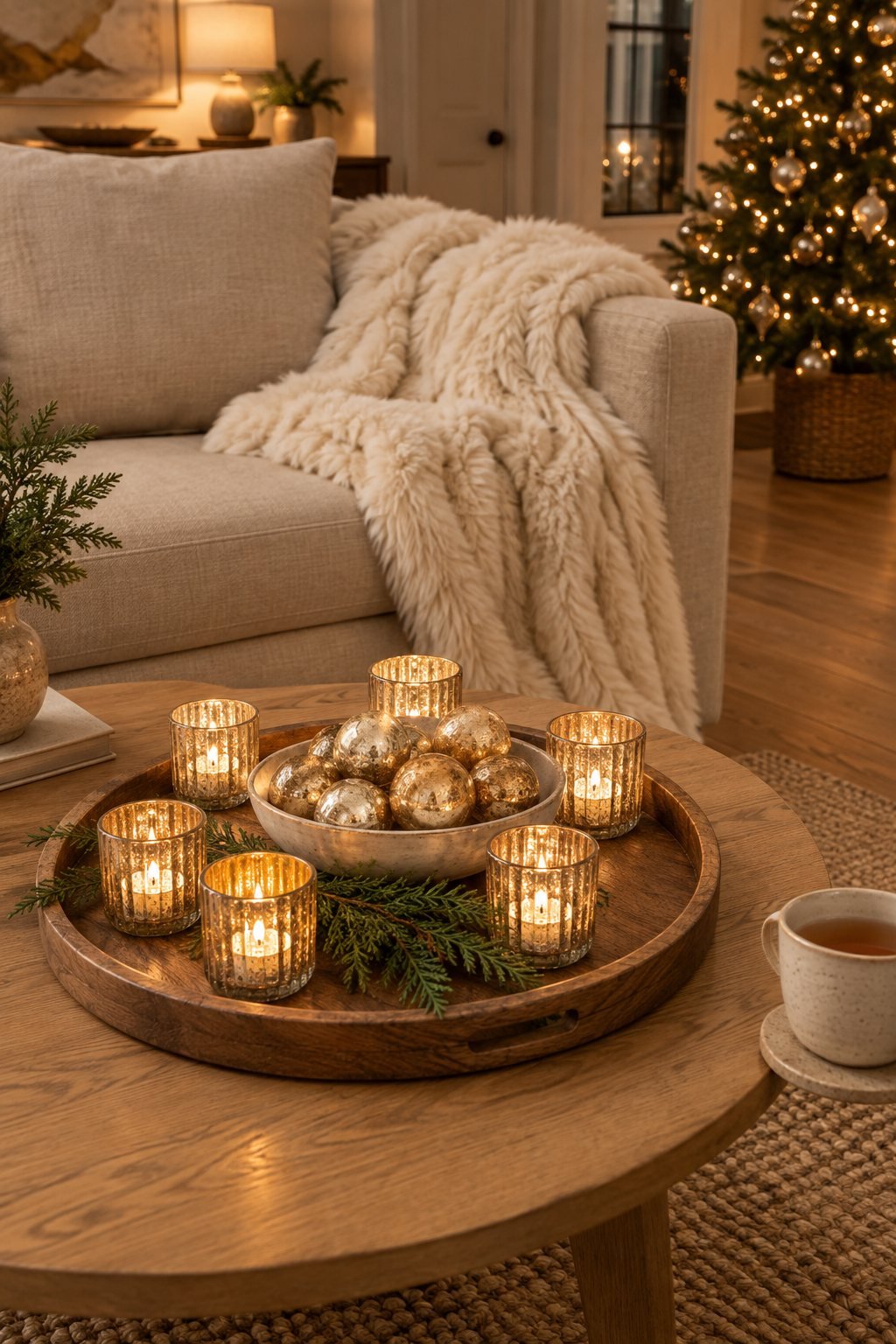 Cozy Christmas living room coffee table with gold ribbed votive candle holders, a bowl of gold mercury glass ornaments and an ivory faux fur throw